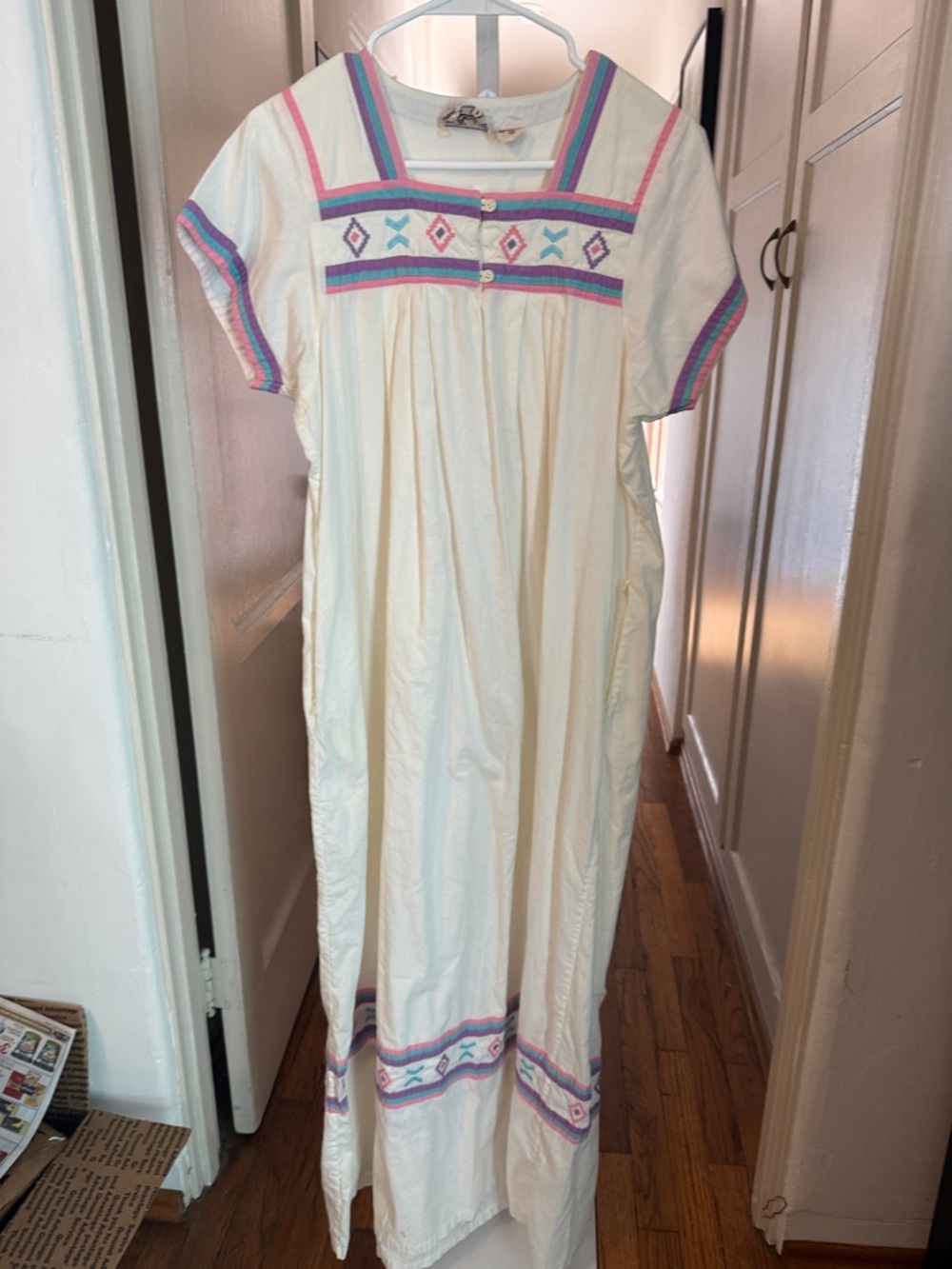 Vintage Bechamel Cream Maxi Dress with Pink, Blue & Purple Trim